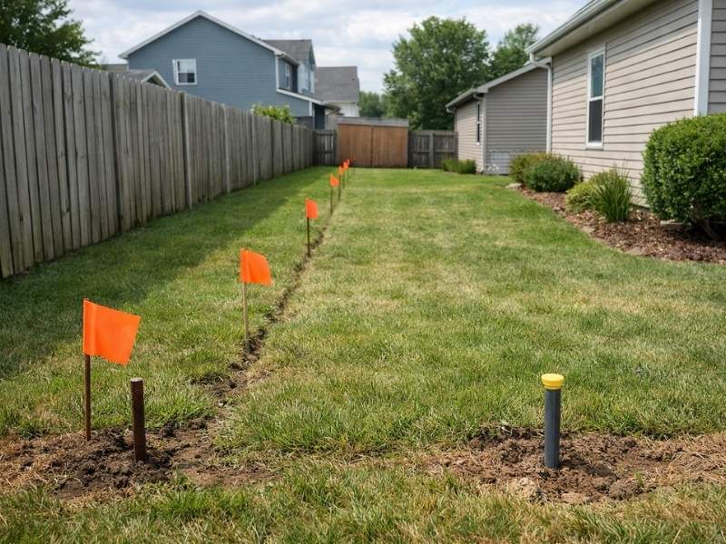Property line markers and survey stakes showing the results of boundary surveying between neighboring residential lots.