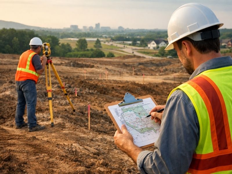 Licensed land surveyors using total station equipment and reviewing site plans before a property development project.
