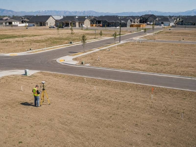 Newly built subdivision lots with completed roads and survey stakes marking parcels for final plat recording.