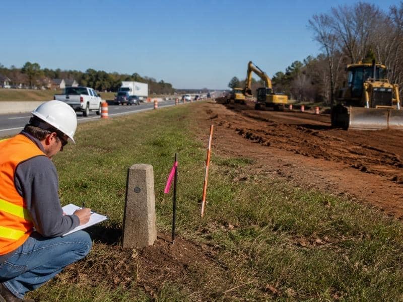 Surveyor documenting a property monument beside a highway expansion construction zone